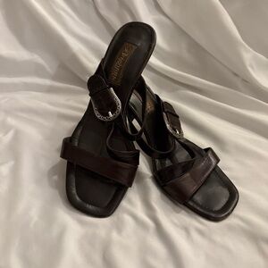 EUC Brighton Rusty Strappy Heeled Sandals with Silver Plated Ornate Buckles